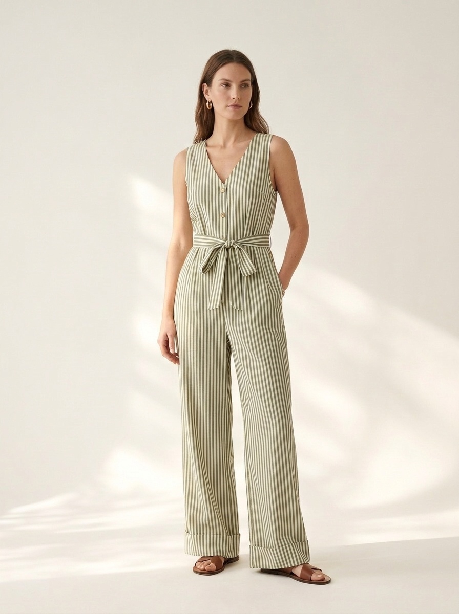 Women's Striped Sleeveless V-Neck Wide Leg Jumpsuit