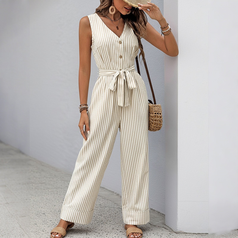 Women's Striped Sleeveless V-Neck Wide Leg Jumpsuit