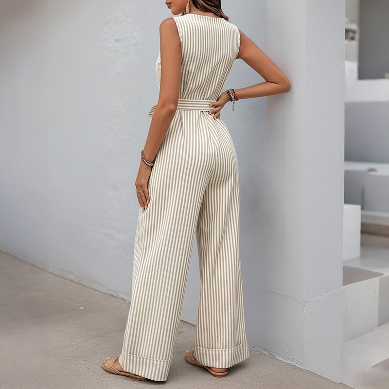 Women's Striped Sleeveless V-Neck Wide Leg Jumpsuit