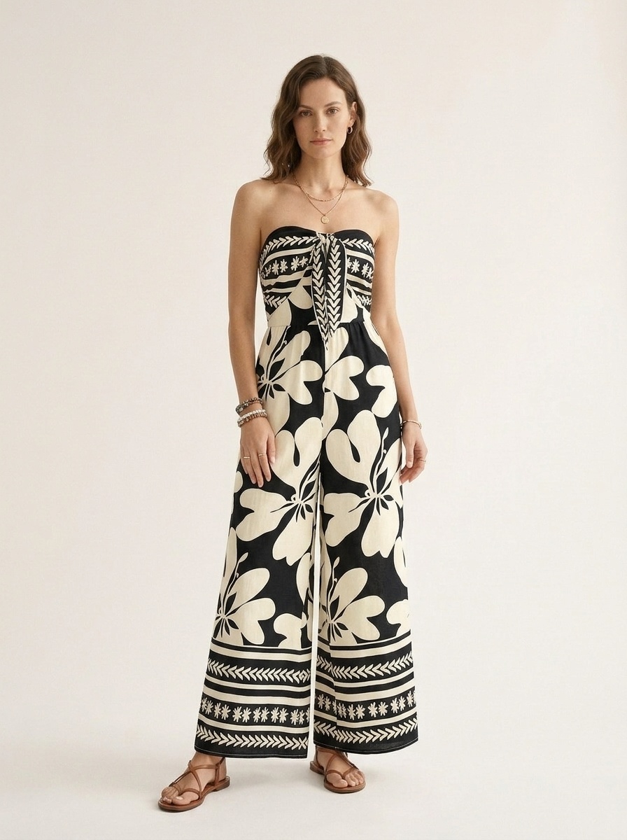 Boho Floral Strapless Wide Leg Jumpsuit with Tie Front