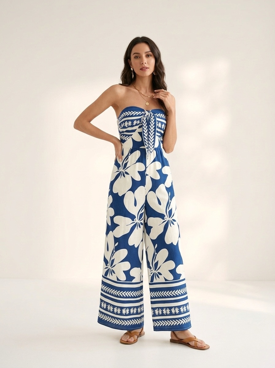 Boho Floral Strapless Wide Leg Jumpsuit with Tie Front