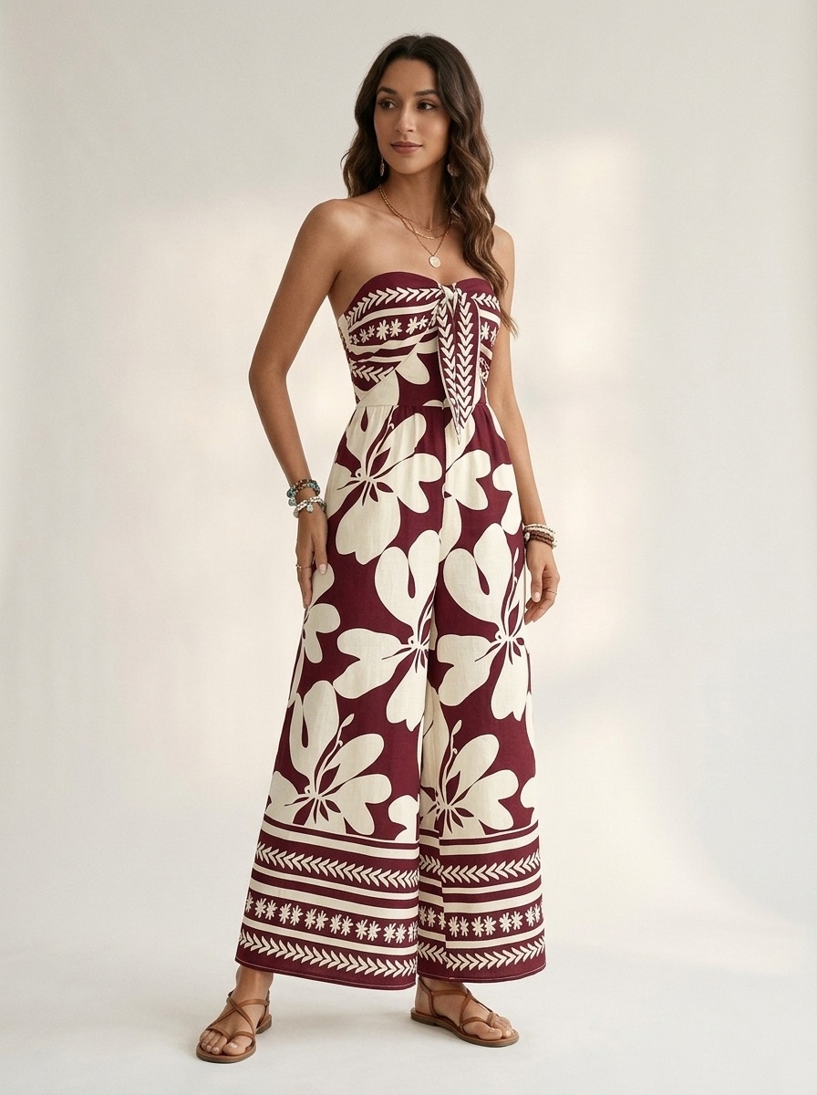 Boho Floral Strapless Wide Leg Jumpsuit with Tie Front