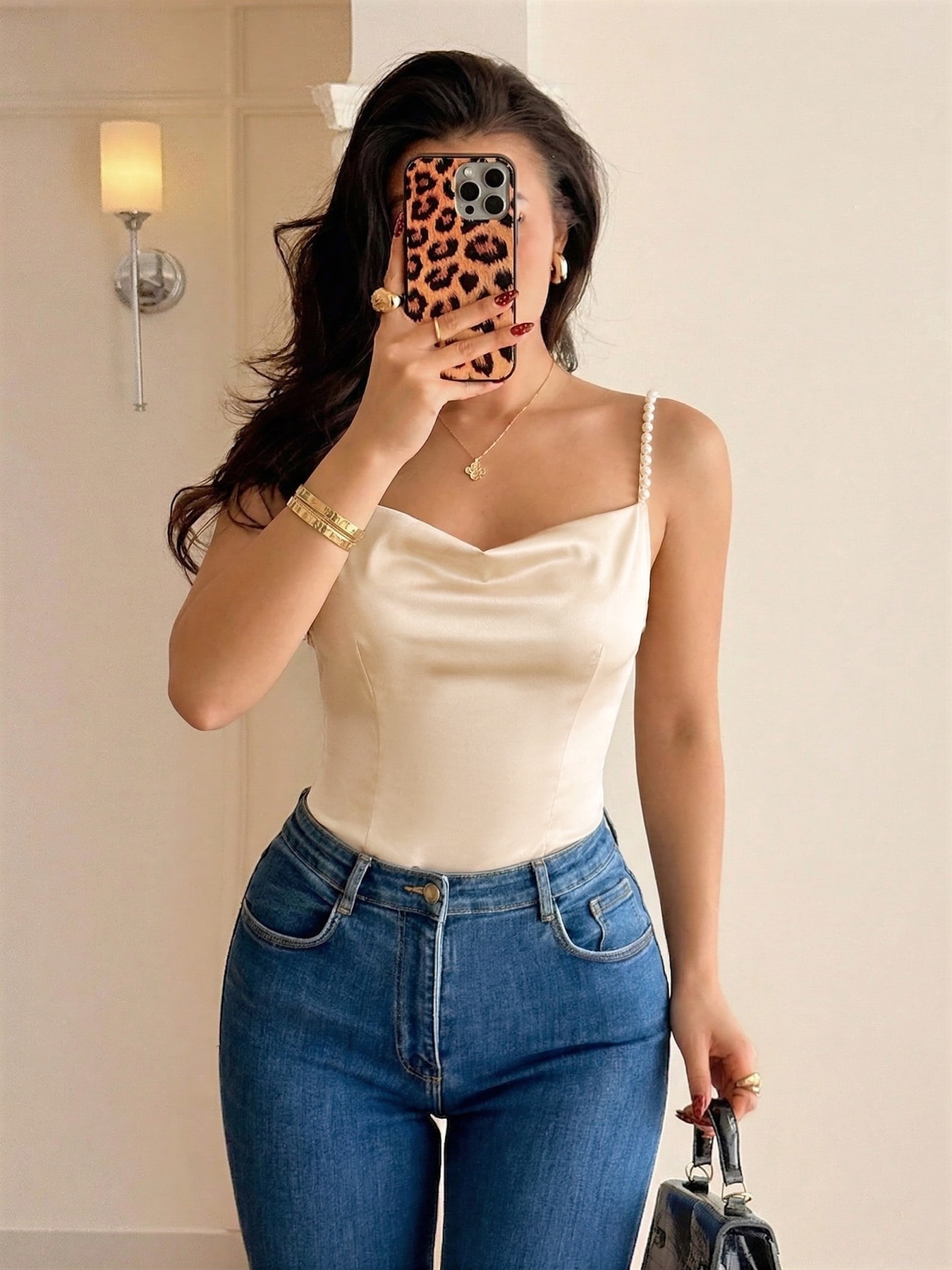 Elegant Champagne Satin Cowl Neck Bodysuit with Pearl Straps