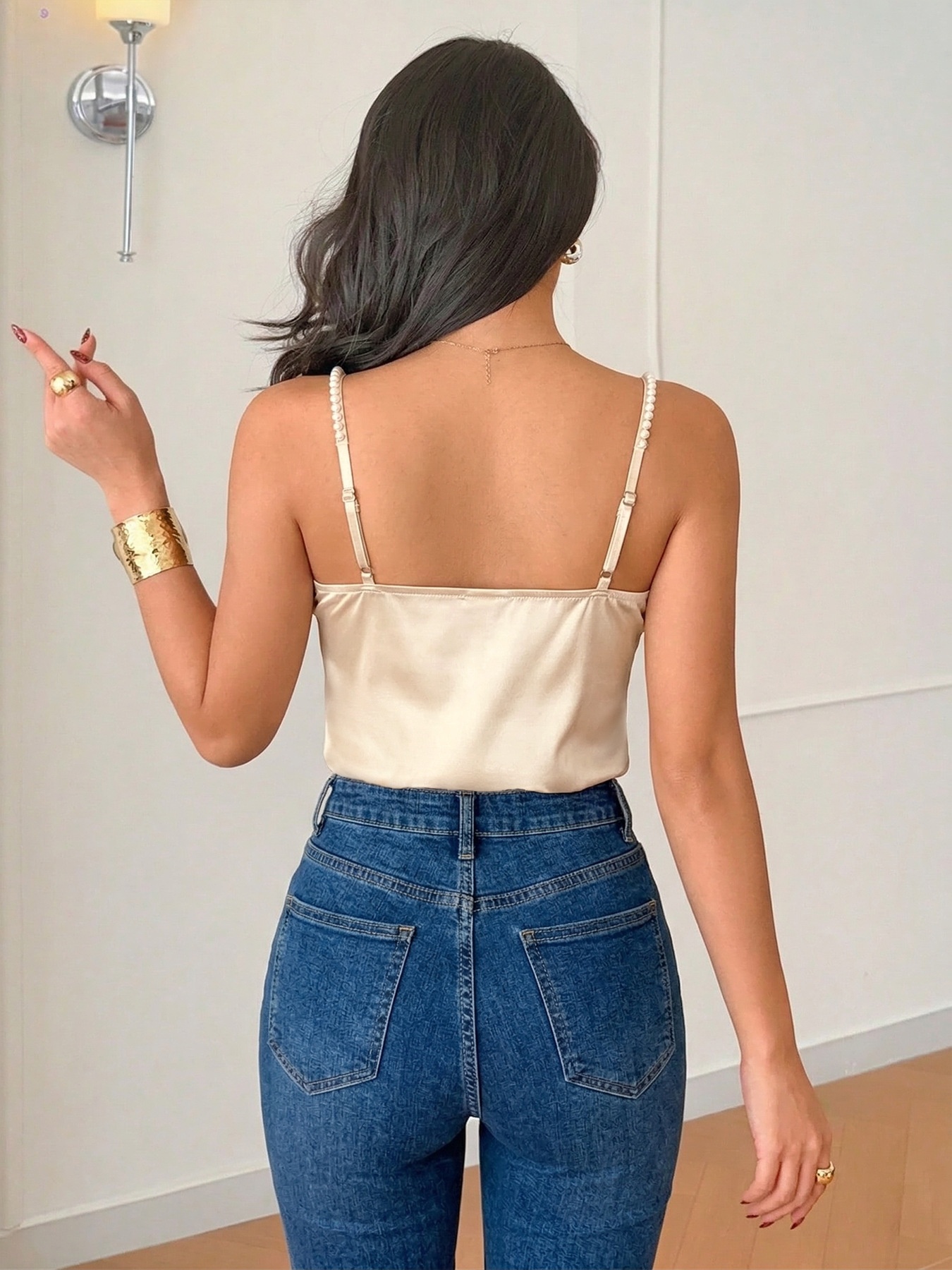 Elegant Champagne Satin Cowl Neck Bodysuit with Pearl Straps