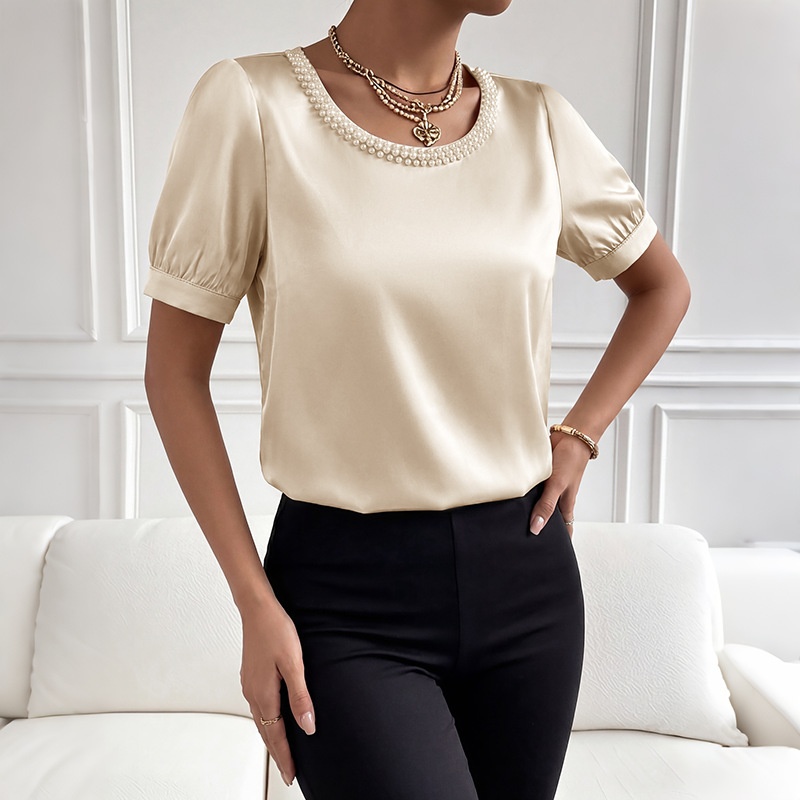 Body en satin orné de perles - Élégant, manches courtes