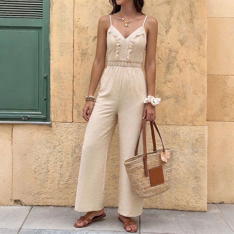 Combinaison bohème en dentelle à franges et col en V à jambes larges pour femmes
