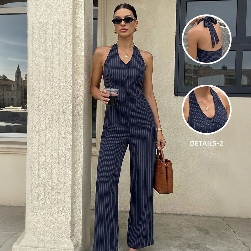 Halter Neck Pinstripe Wide Leg Jumpsuit