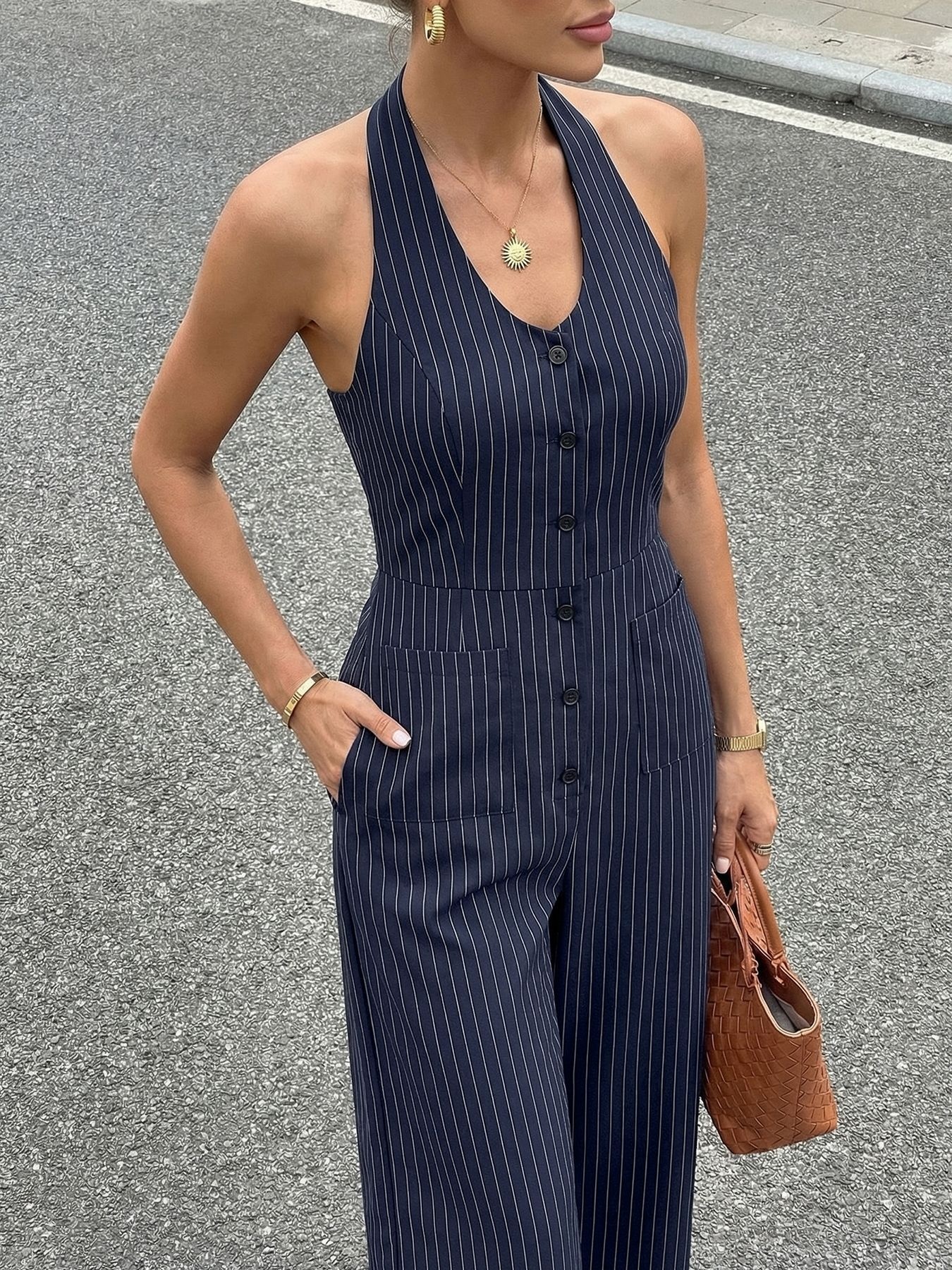 Halter Neck Pinstripe Wide Leg Jumpsuit