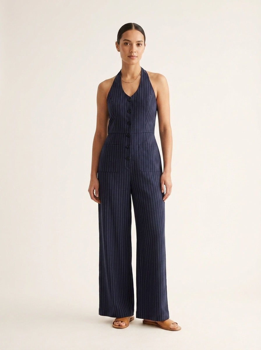 Halter Neck Pinstripe Wide Leg Jumpsuit