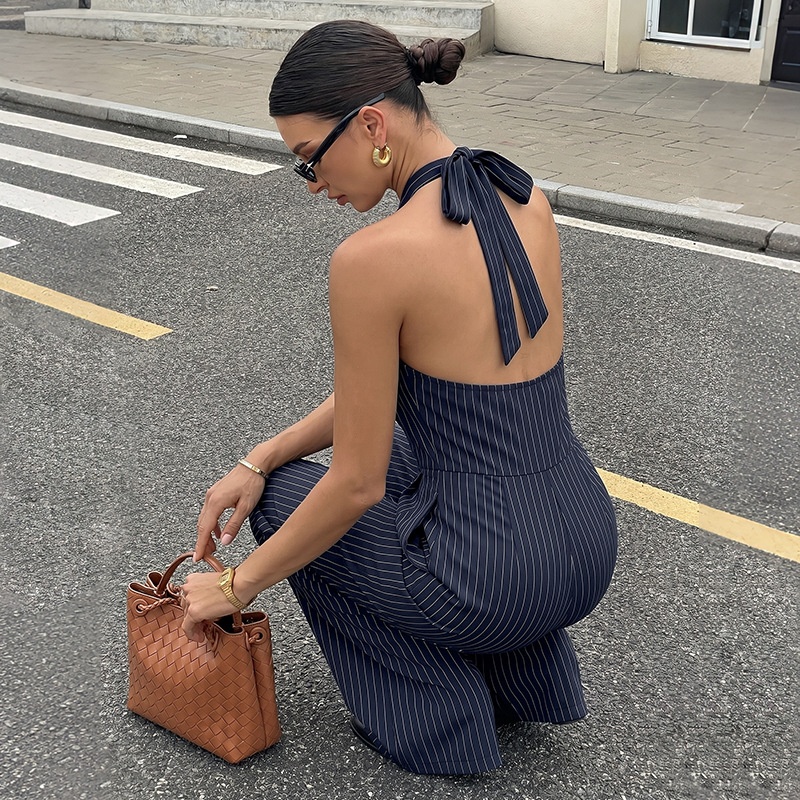 Halter Neck Pinstripe Wide Leg Jumpsuit