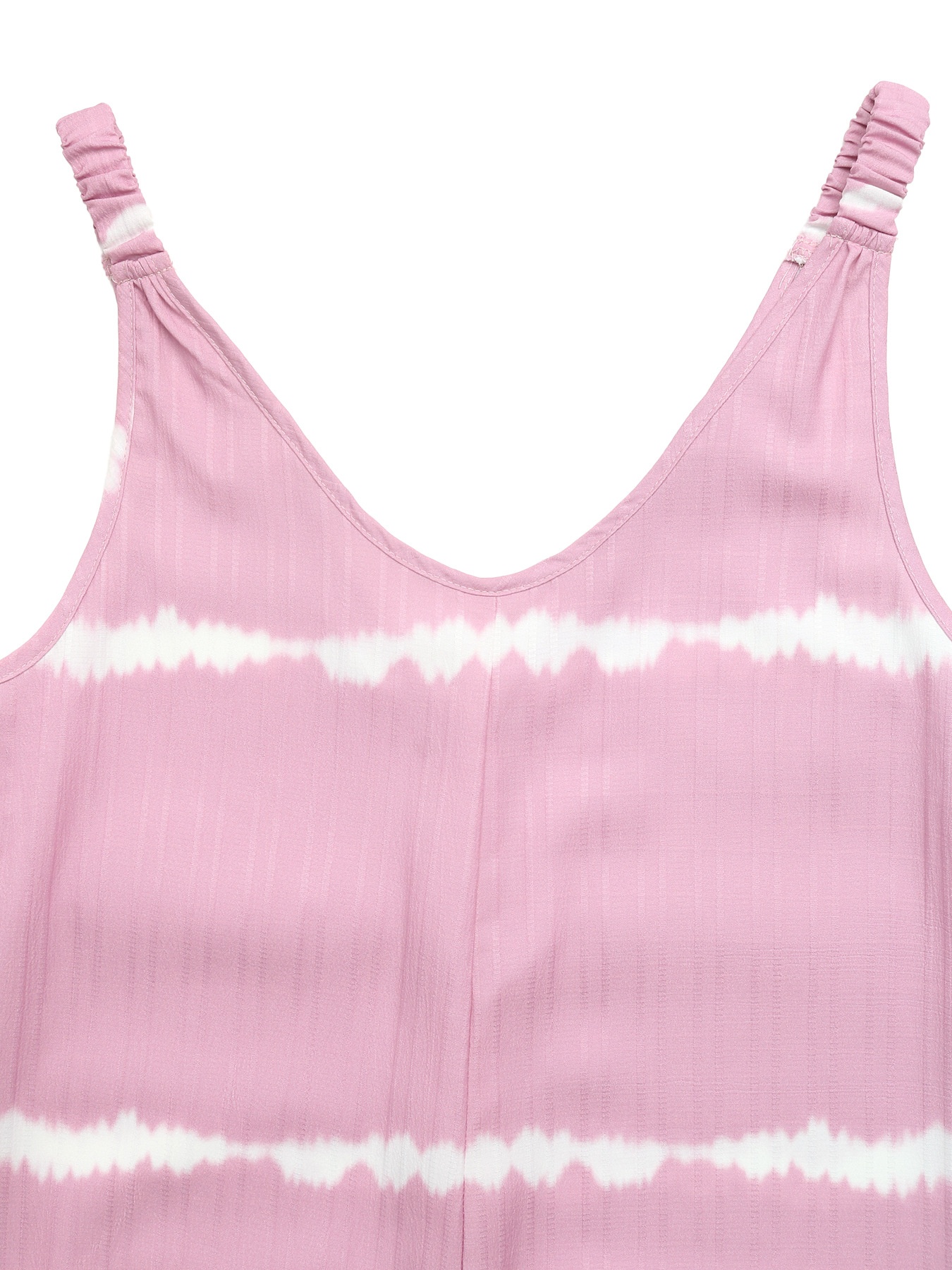 Tuta intera rosa a coste con scollo a V e gamba larga, stampa tie-dye.