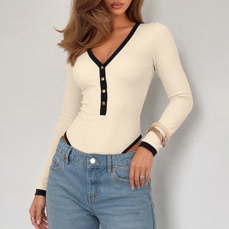 Ribbed Long Sleeve Henley Bodysuit in Beige
