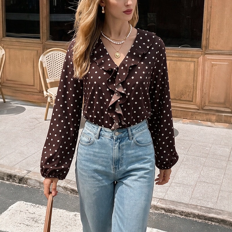 Polka Dot Ruffle V-Neck Long Sleeve Bodysuit Top