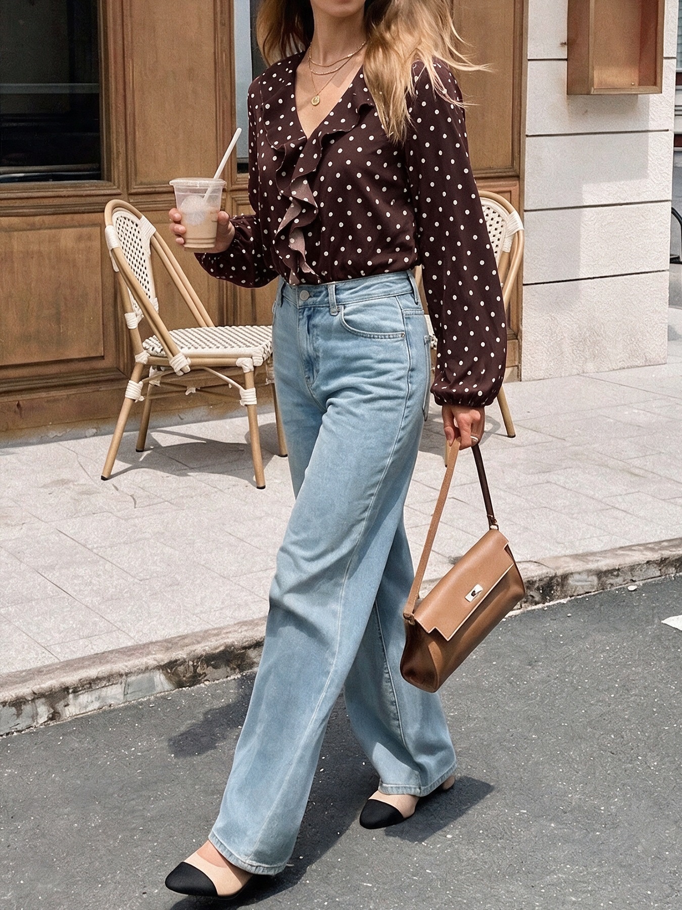 Polka Dot Ruffle V-Neck Long Sleeve Bodysuit Top