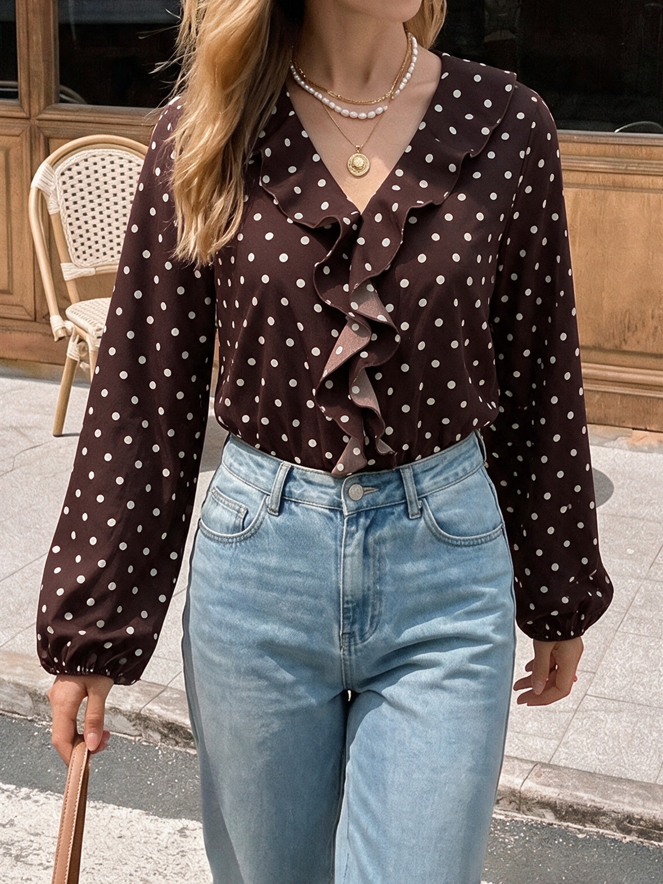 Polka Dot Ruffle V-Neck Long Sleeve Bodysuit Top