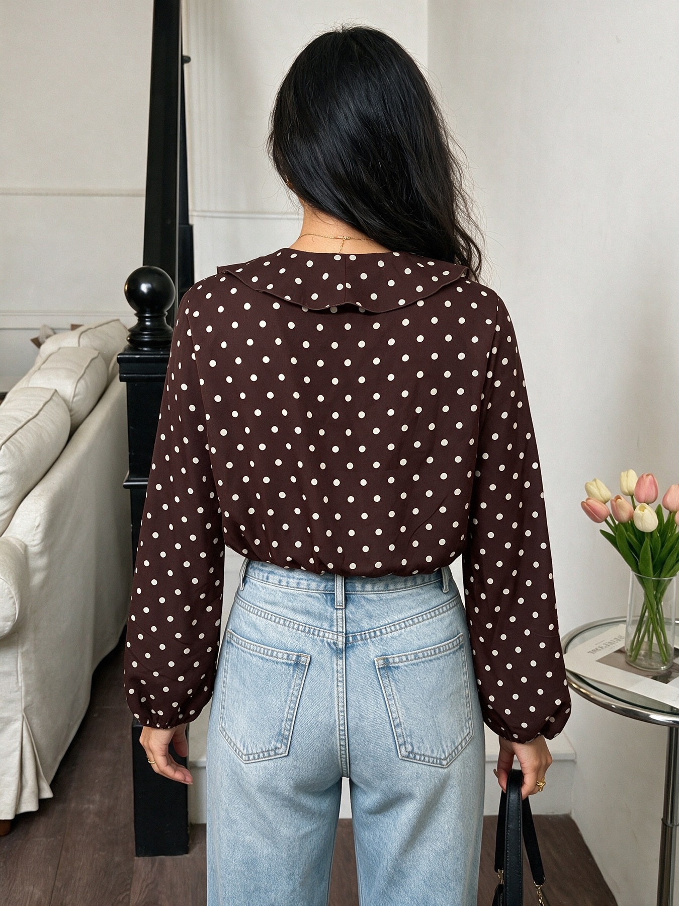 Polka Dot Ruffle V-Neck Long Sleeve Bodysuit Top