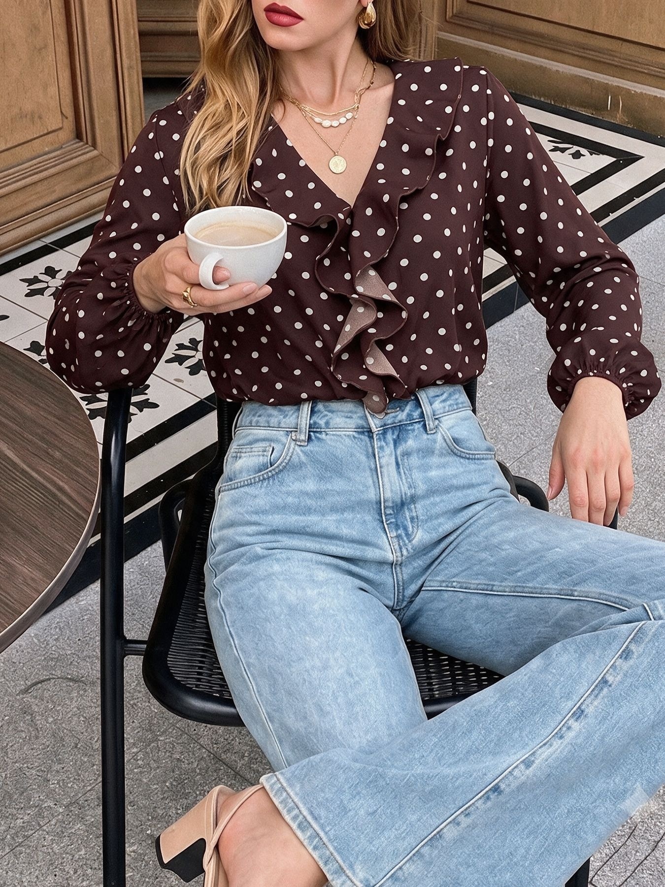 Polka Dot Ruffle V-Neck Long Sleeve Bodysuit Top