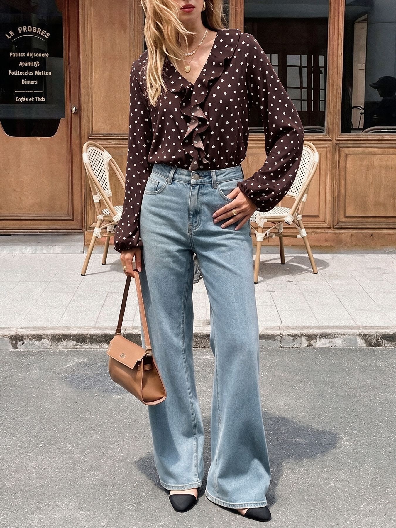 Polka Dot Ruffle V-Neck Long Sleeve Bodysuit Top