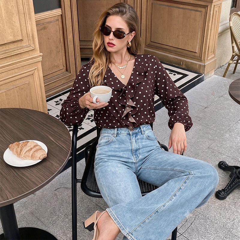 Polka Dot Ruffle V-Neck Long Sleeve Bodysuit Top