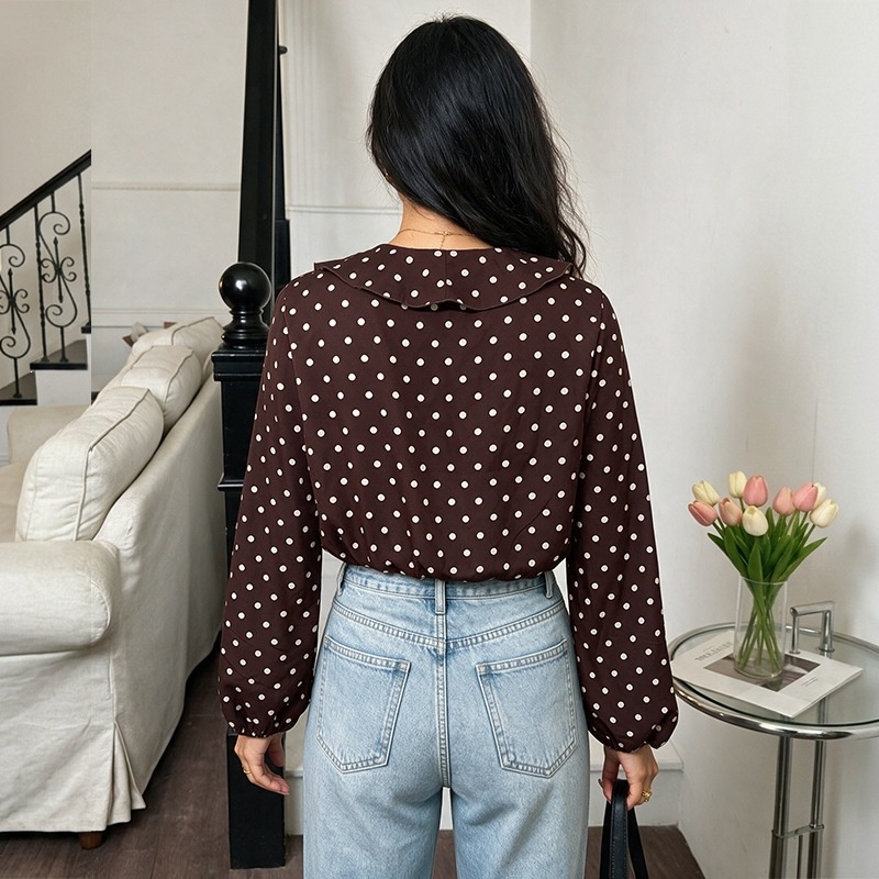 Polka Dot Ruffle V-Neck Long Sleeve Bodysuit Top