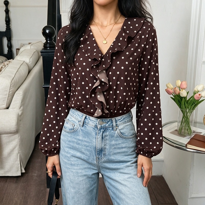 Polka Dot Ruffle V-Neck Long Sleeve Bodysuit Top