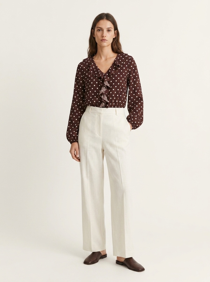 Polka Dot Ruffle V-Neck Long Sleeve Bodysuit Top
