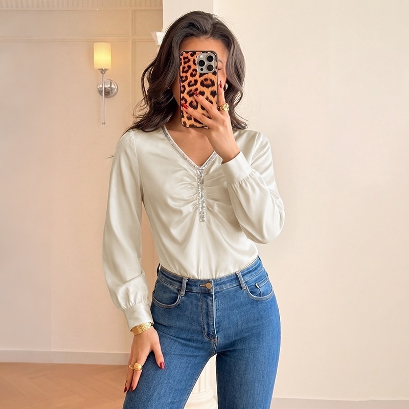 Women's Satin V-Neck Sequin Long Sleeve Bodysuit
