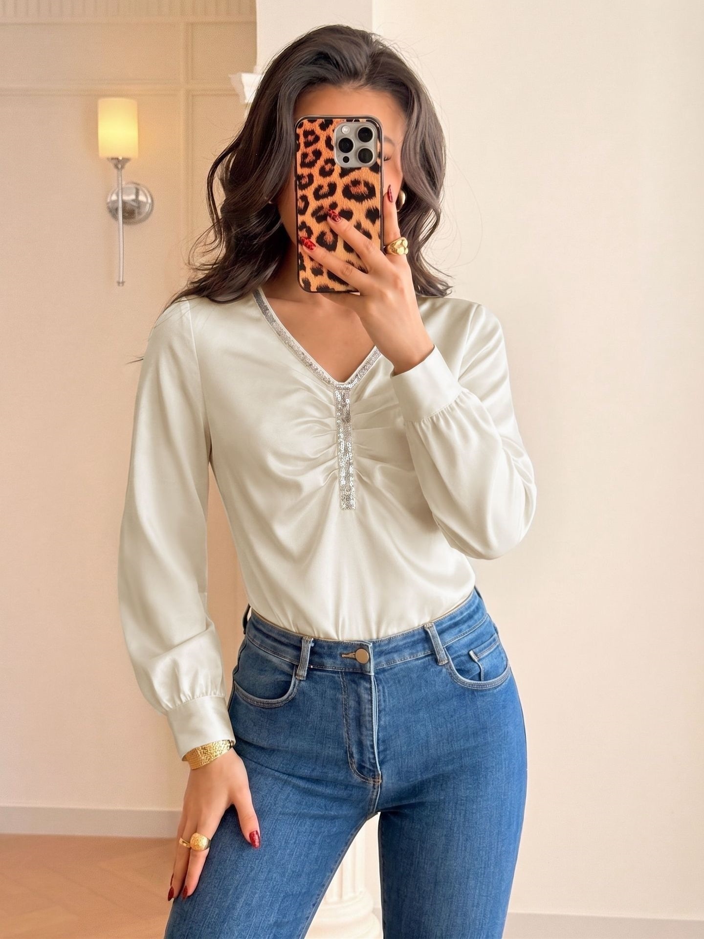 Women's Satin V-Neck Sequin Long Sleeve Bodysuit