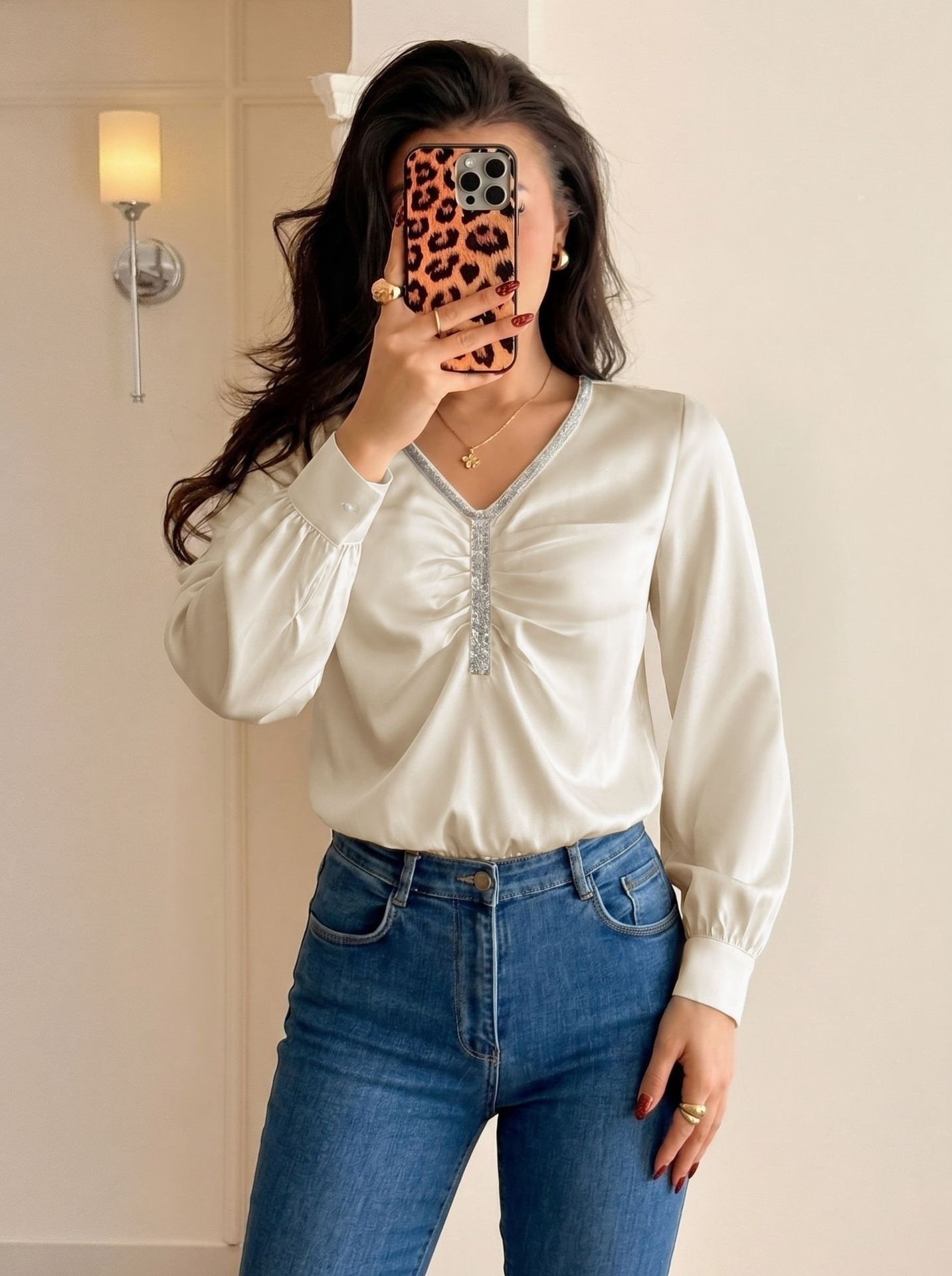 Women's Satin V-Neck Sequin Long Sleeve Bodysuit