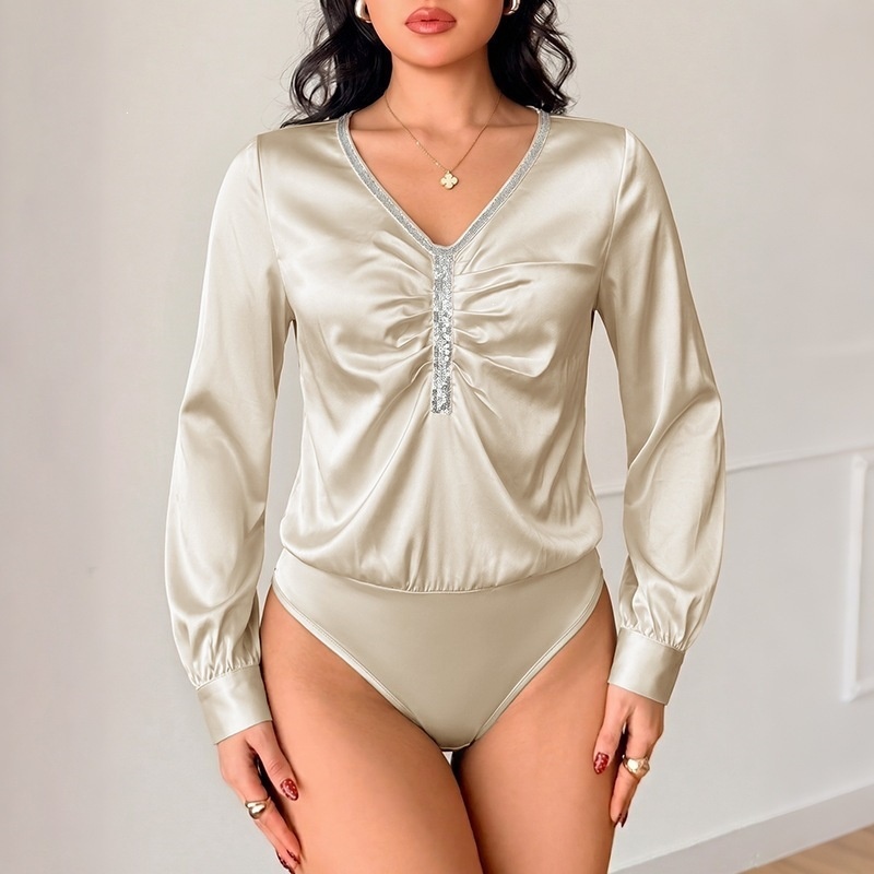 Women's Satin V-Neck Sequin Long Sleeve Bodysuit