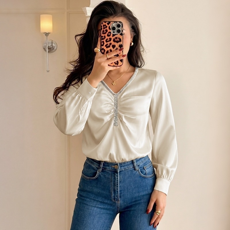 Women's Satin V-Neck Sequin Long Sleeve Bodysuit