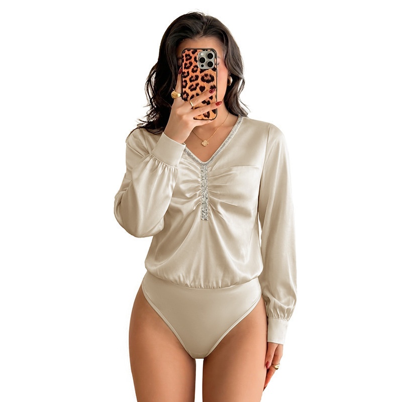 Women's Satin V-Neck Sequin Long Sleeve Bodysuit