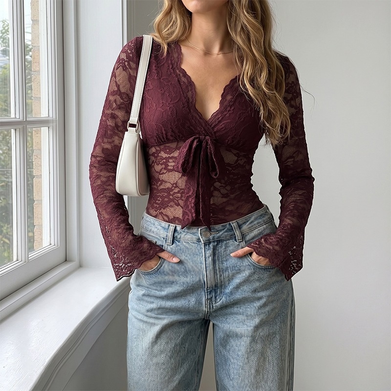 Women's V-Neck Tie Front Long Sleeve Lace Bodysuit