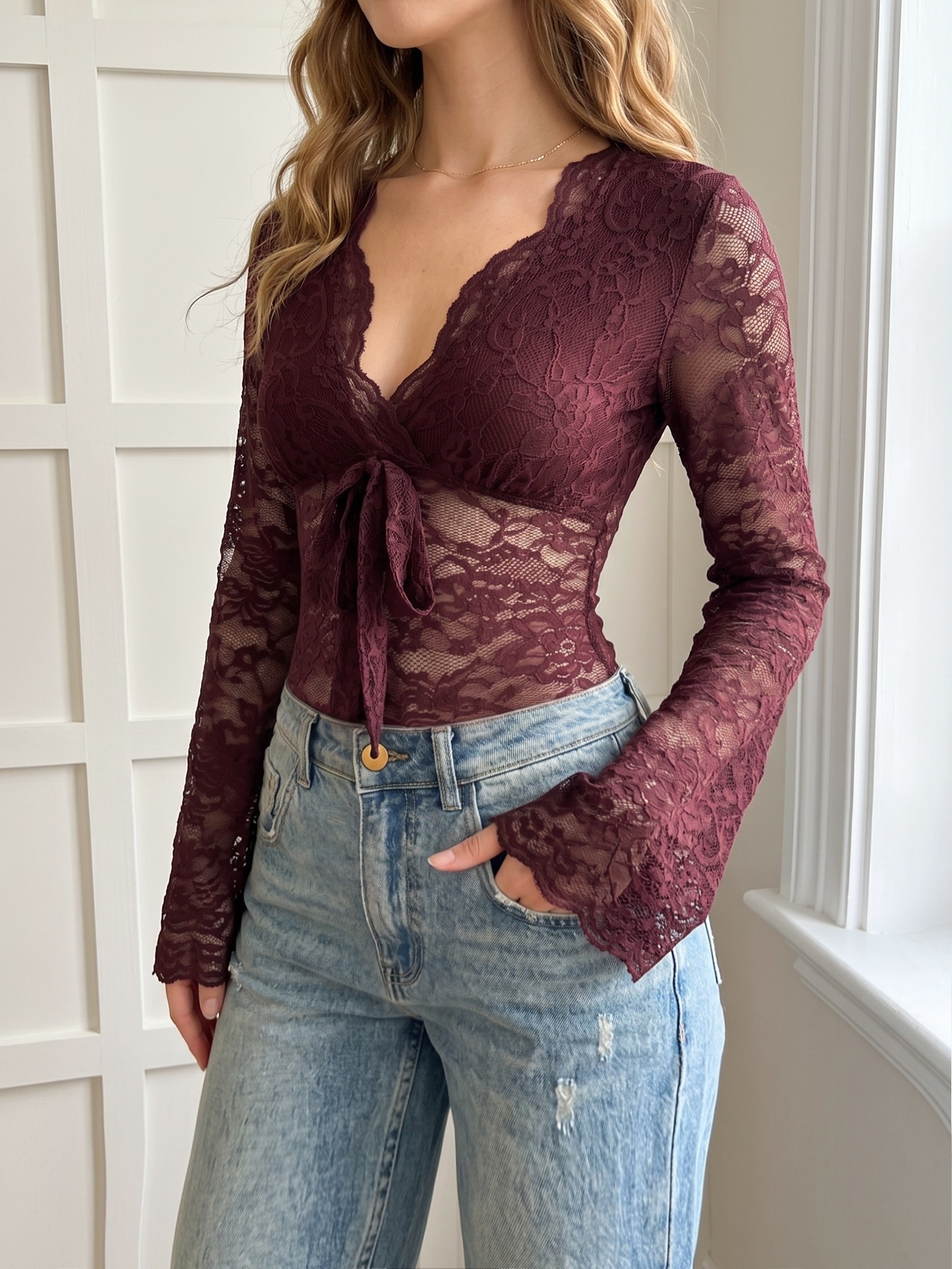 Women's V-Neck Tie Front Long Sleeve Lace Bodysuit