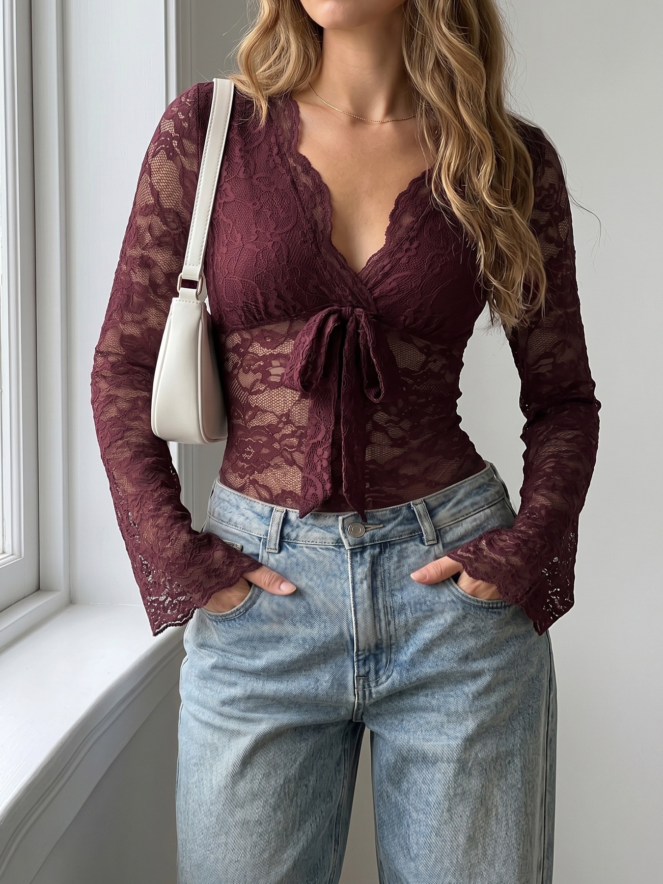 Women's V-Neck Tie Front Long Sleeve Lace Bodysuit