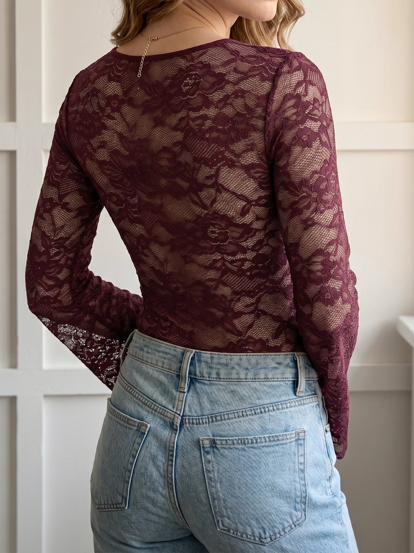 Women's V-Neck Tie Front Long Sleeve Lace Bodysuit