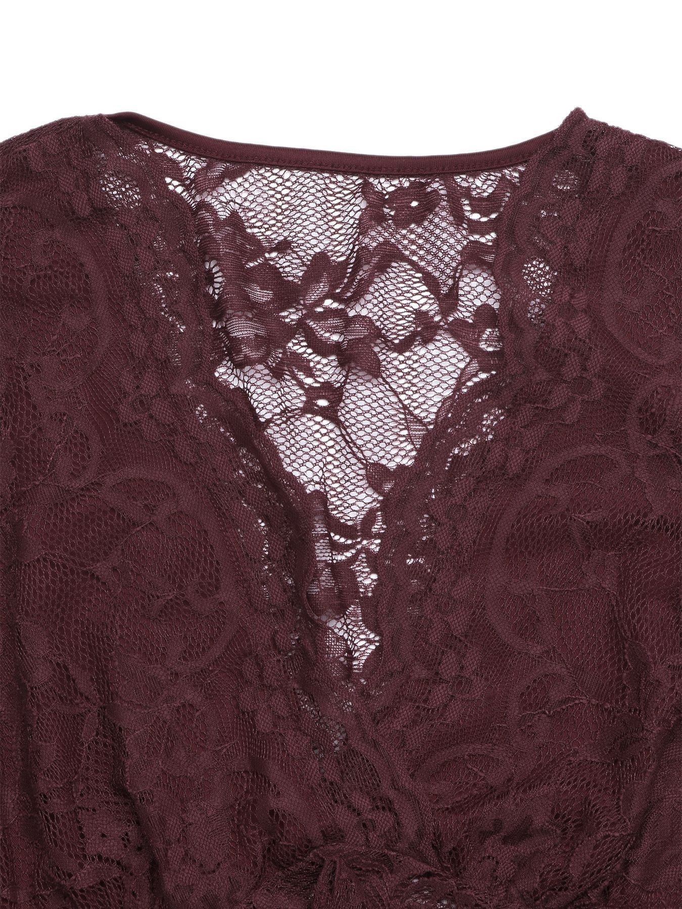 Women's V-Neck Tie Front Long Sleeve Lace Bodysuit