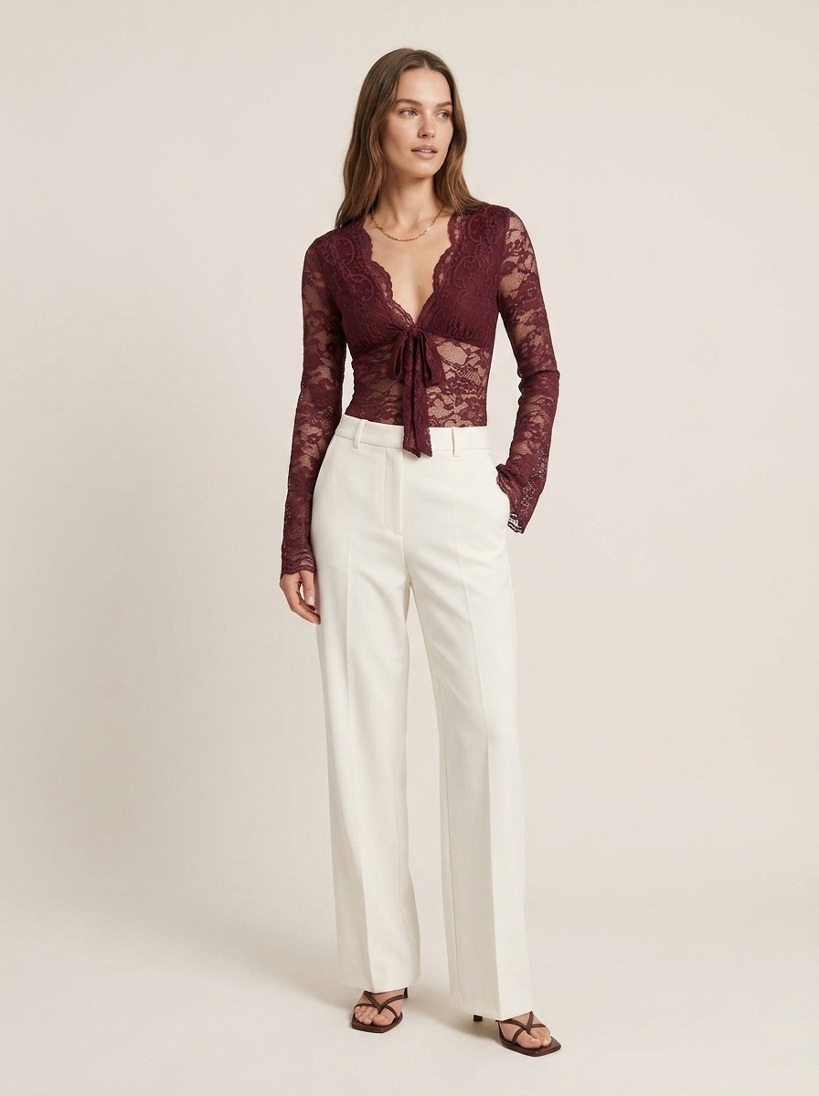 Women's V-Neck Tie Front Long Sleeve Lace Bodysuit
