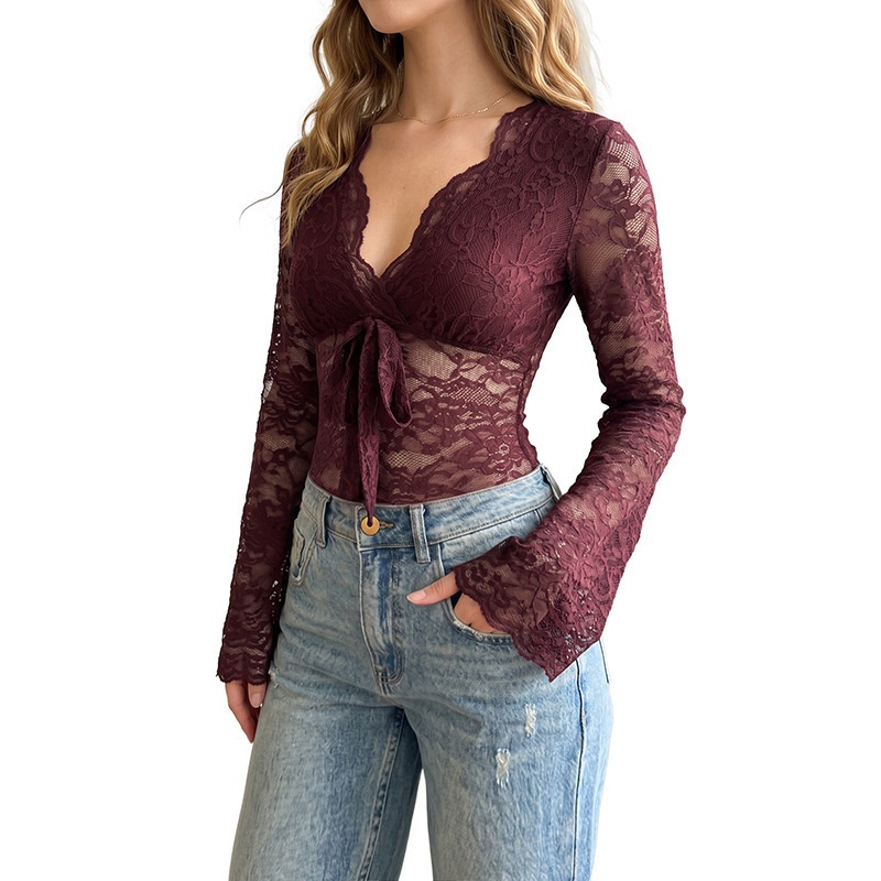 Women's V-Neck Tie Front Long Sleeve Lace Bodysuit