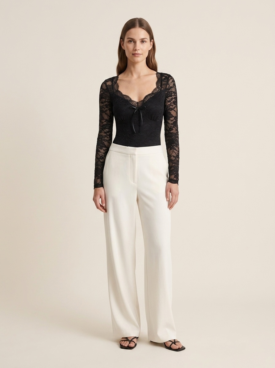 Women's Black Floral Lace Long Sleeve Bodysuit