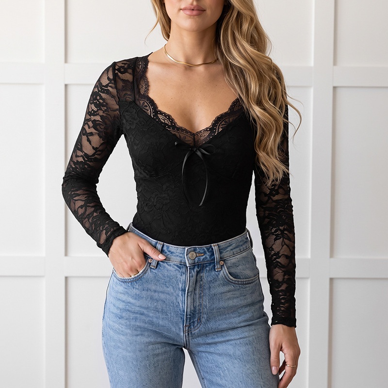 Women's Black Floral Lace Long Sleeve Bodysuit