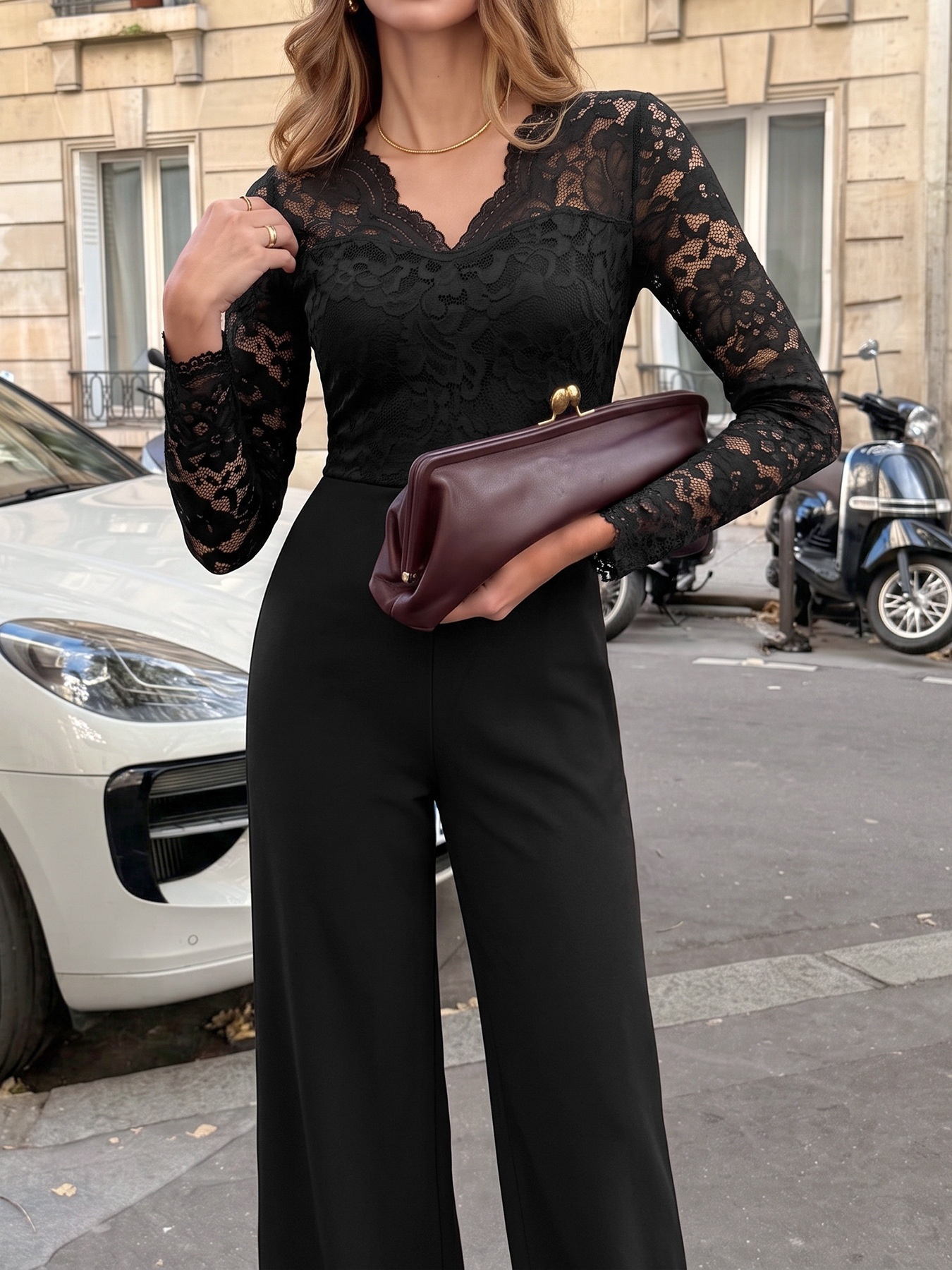 Women's Black Floral Lace Long Sleeve Wide Leg Jumpsuit