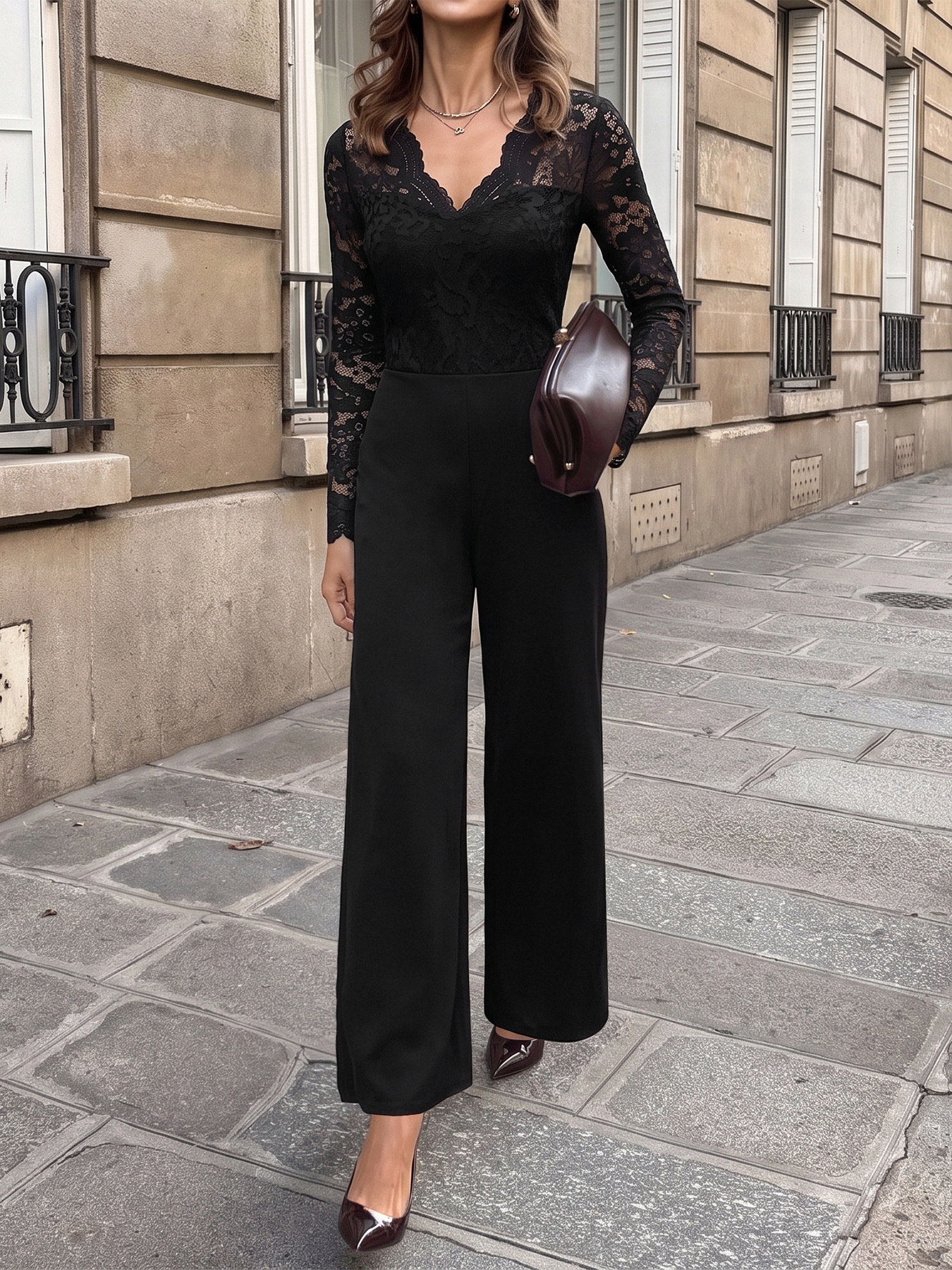 Women's Black Floral Lace Long Sleeve Wide Leg Jumpsuit