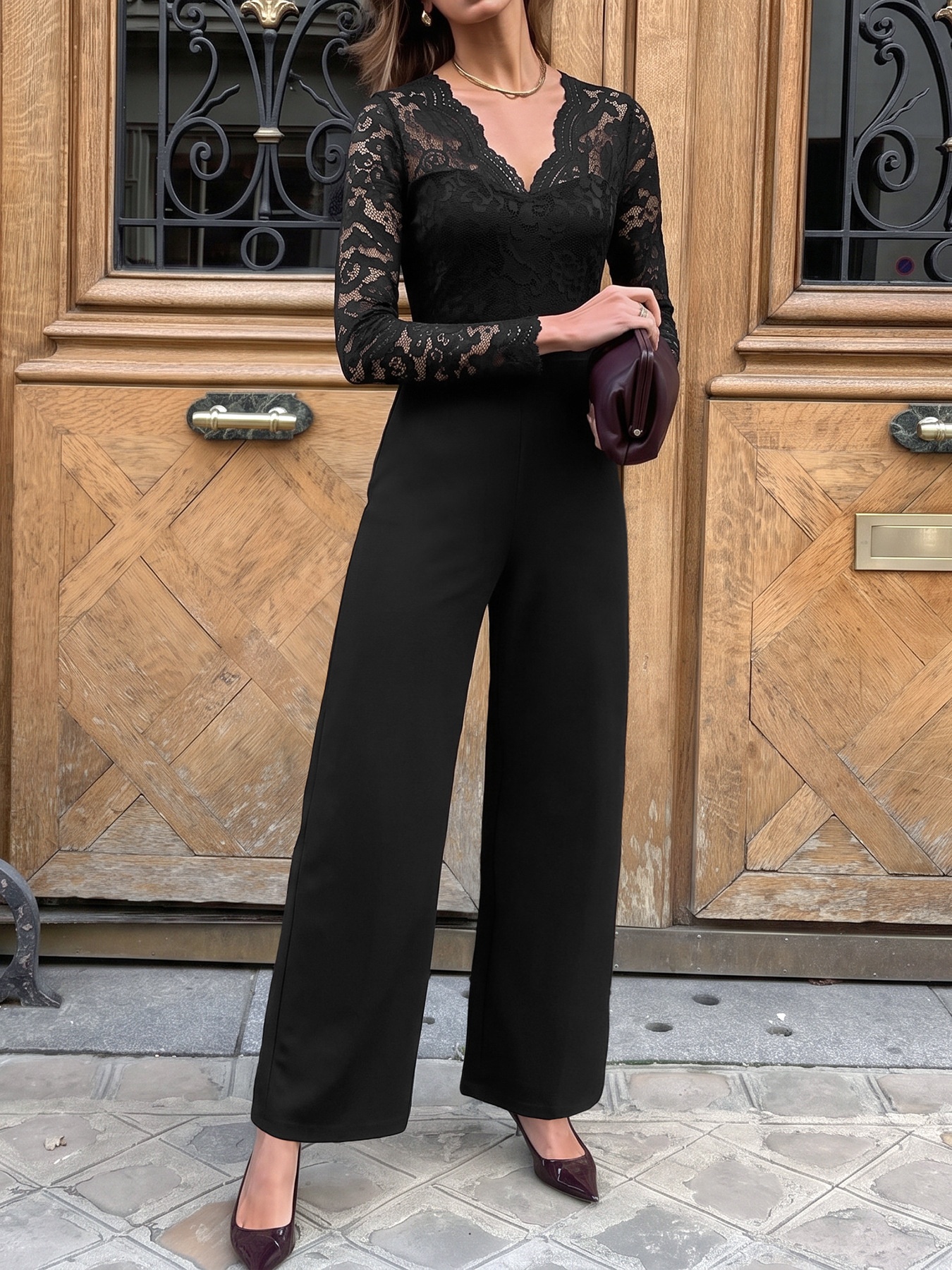 Women's Black Floral Lace Long Sleeve Wide Leg Jumpsuit