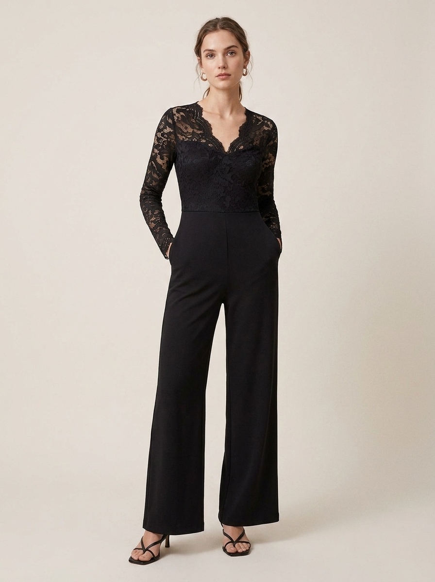 Women's Black Floral Lace Long Sleeve Wide Leg Jumpsuit