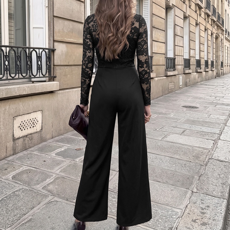 Women's Black Floral Lace Long Sleeve Wide Leg Jumpsuit