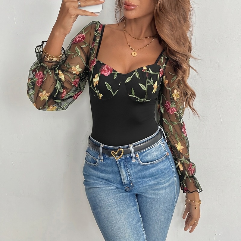 Floral Embroidered Sheer Mesh Long Sleeve Bodysuit