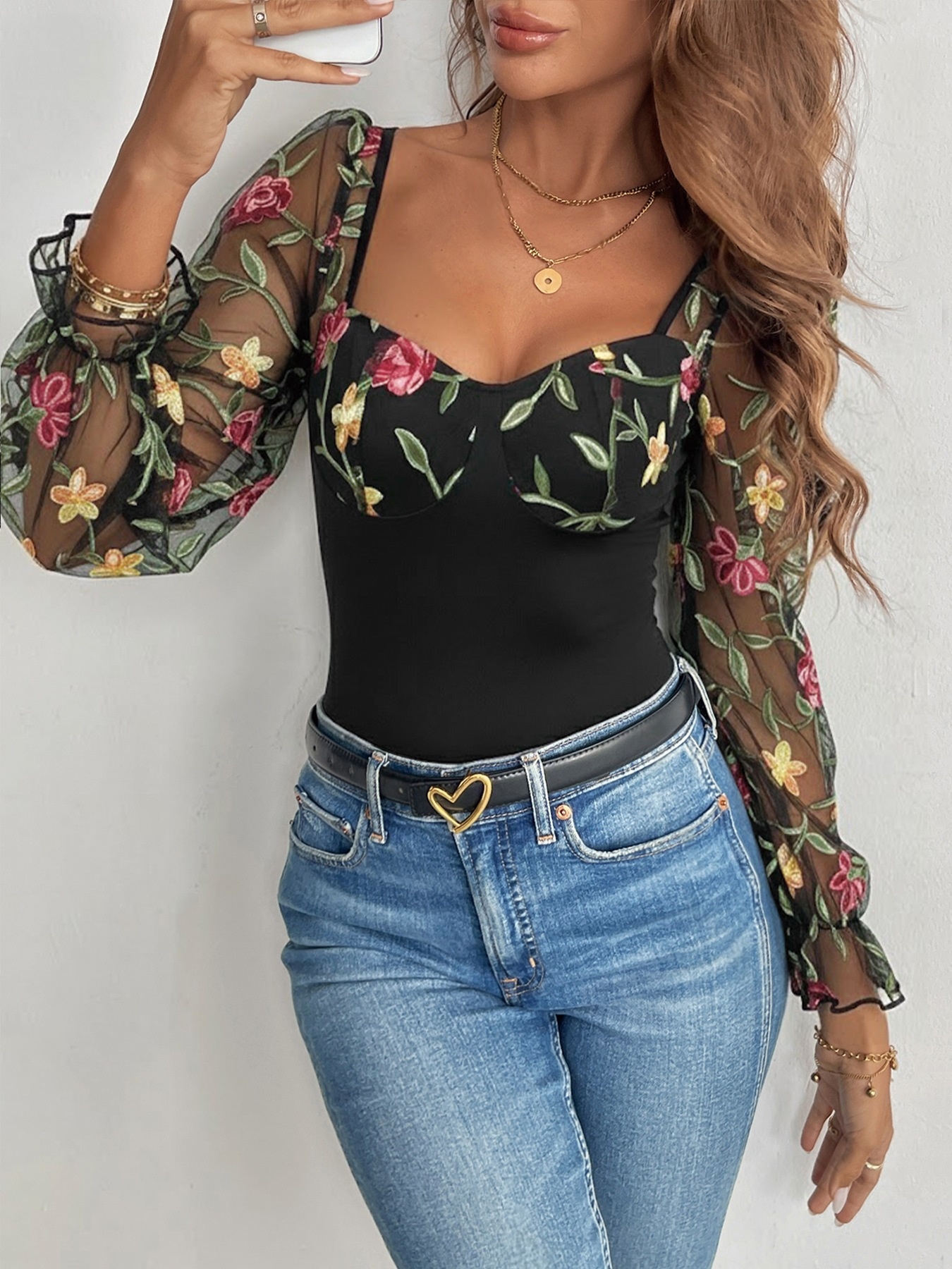 Floral Embroidered Sheer Mesh Long Sleeve Bodysuit