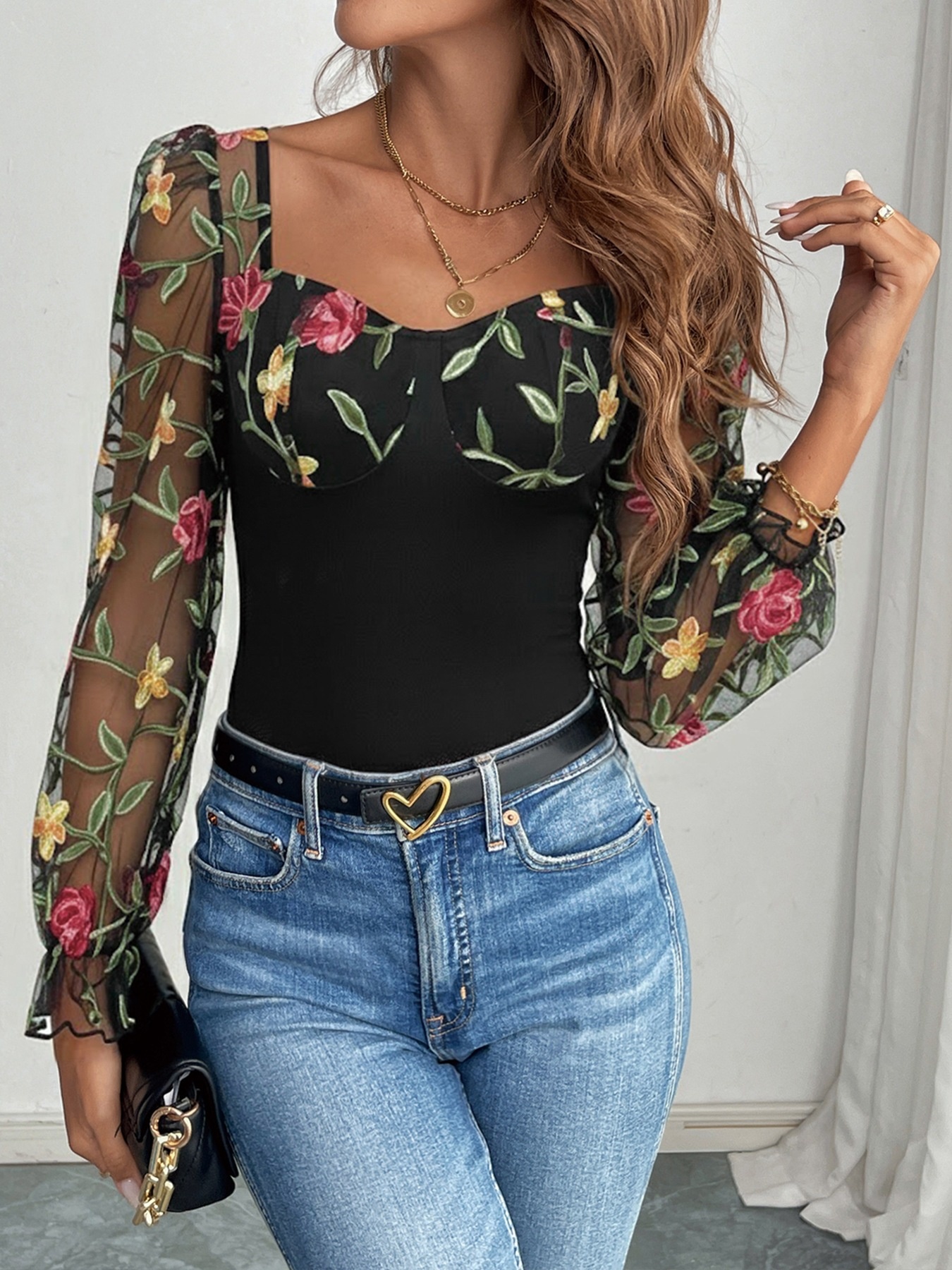 Floral Embroidered Sheer Mesh Long Sleeve Bodysuit