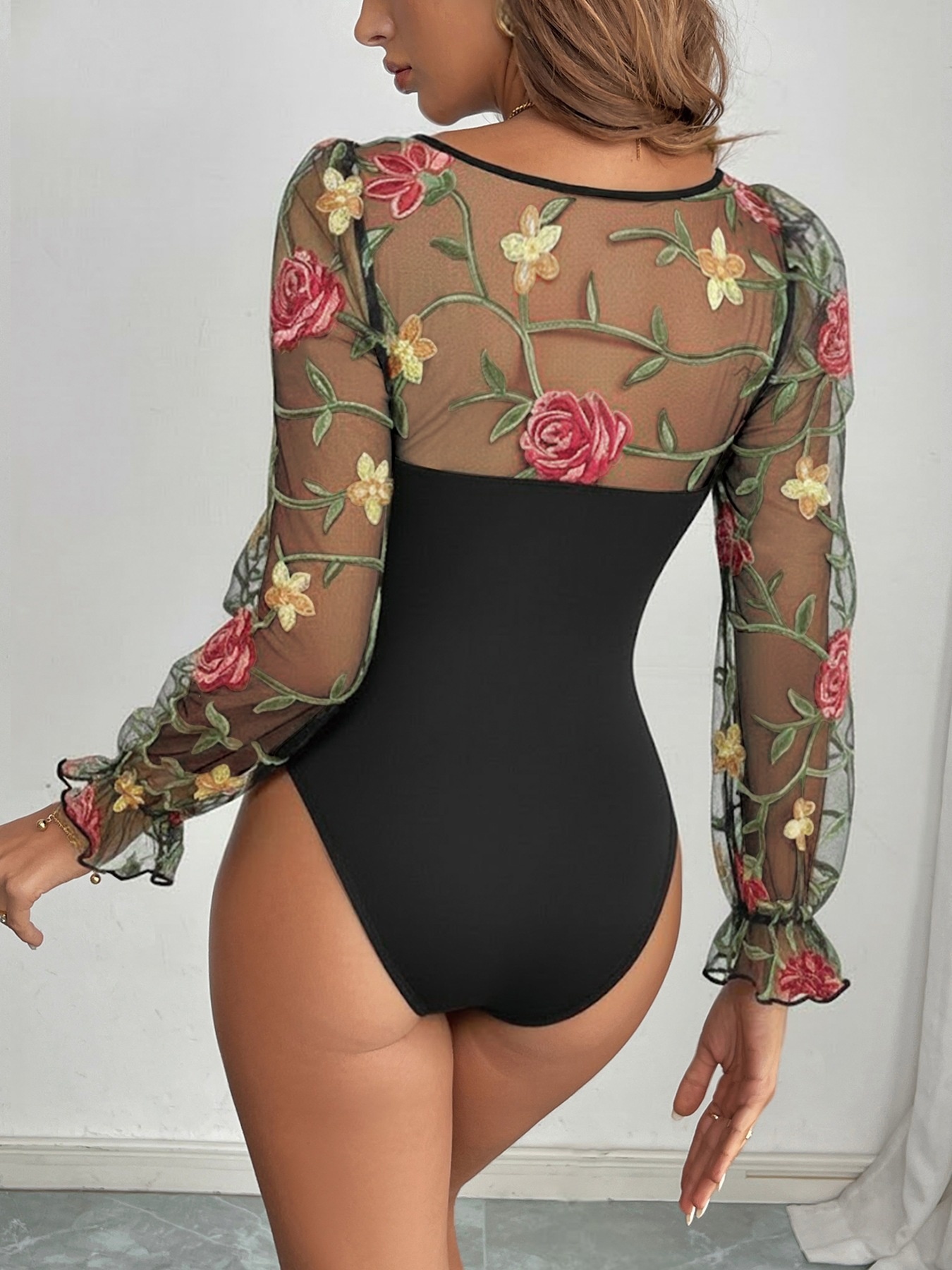 Floral Embroidered Sheer Mesh Long Sleeve Bodysuit